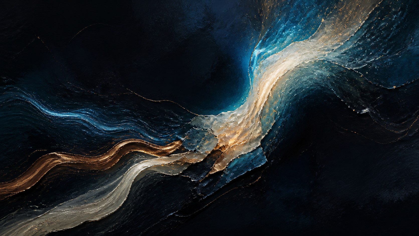 Abstract mixed-media artwork of three luminous trajectories merging into a shared learning core and emerging as one ascending form.