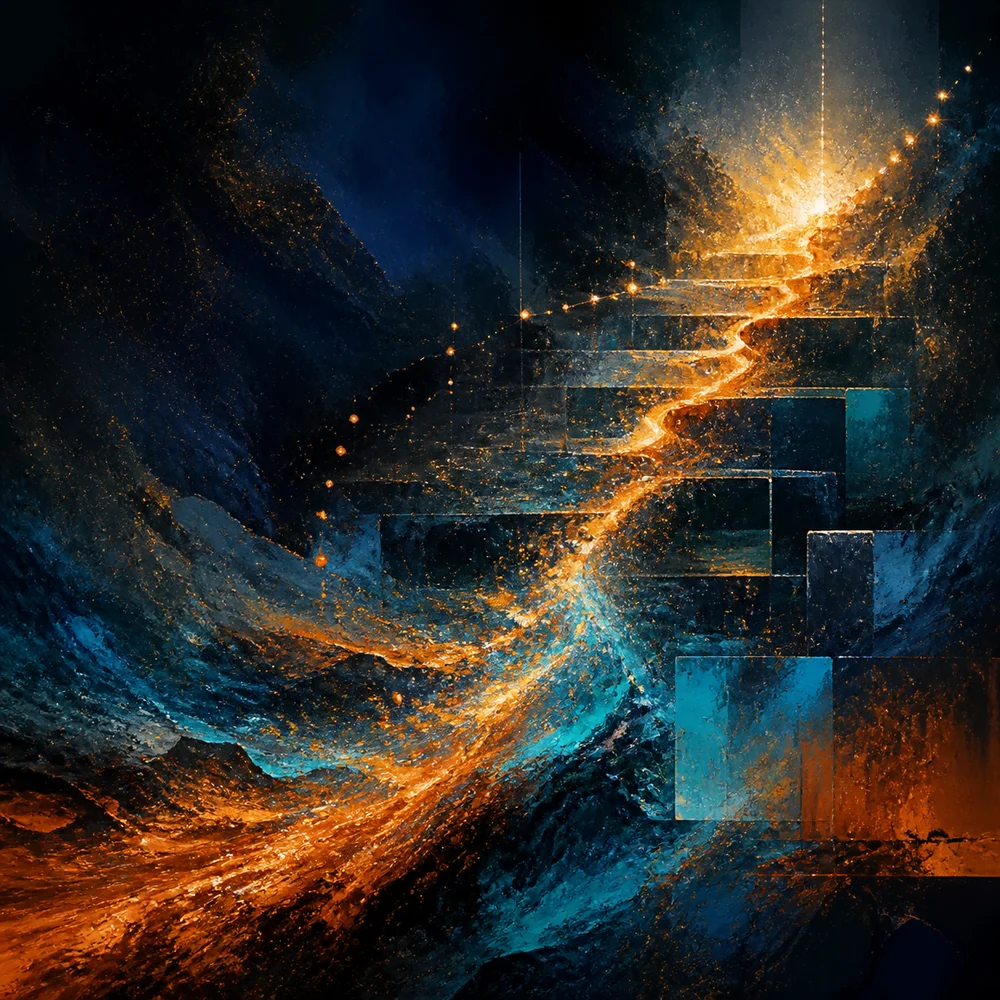 Dark mixed-media painting of a luminous copper and cyan trajectory rising toward a resolved goal.